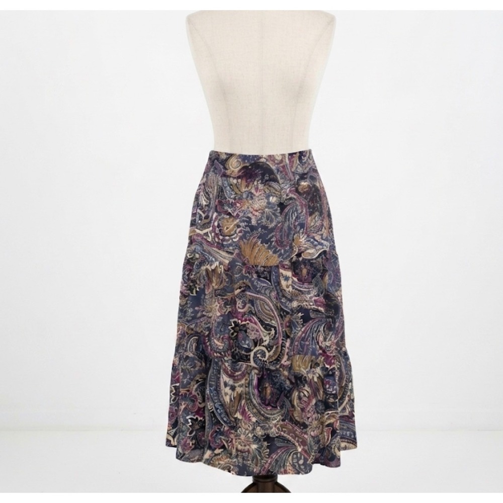 Chaps Denim Women's Large Midi Skirt 100% Cotton Tiered Paisley Boho Multi-Color